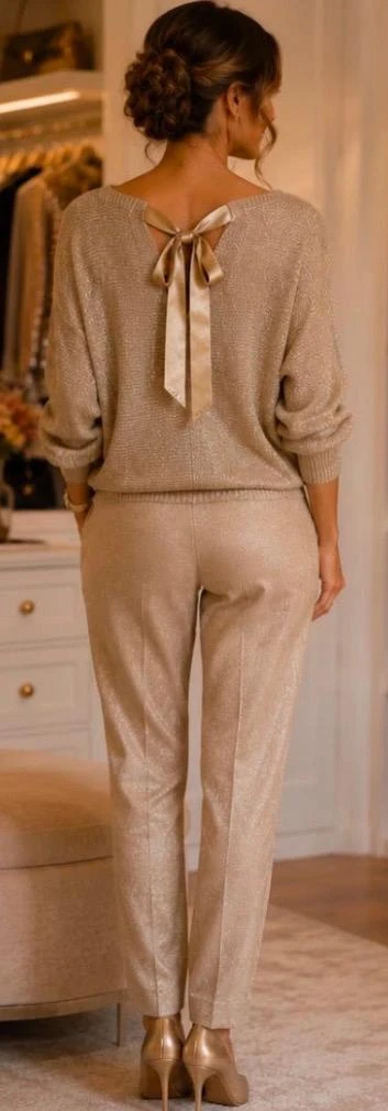 🎀 Gold knit sweater Made in Italy with neckline & satin bow on the back - one size – photo 3